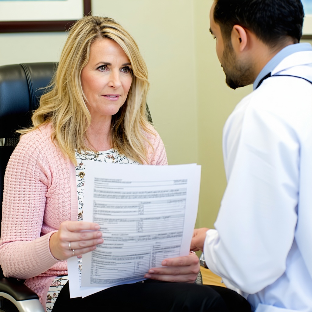 Show a female patient age 40 blonde sitting down while a Dr is going over discharge summary paperwork with her in a medical facility office